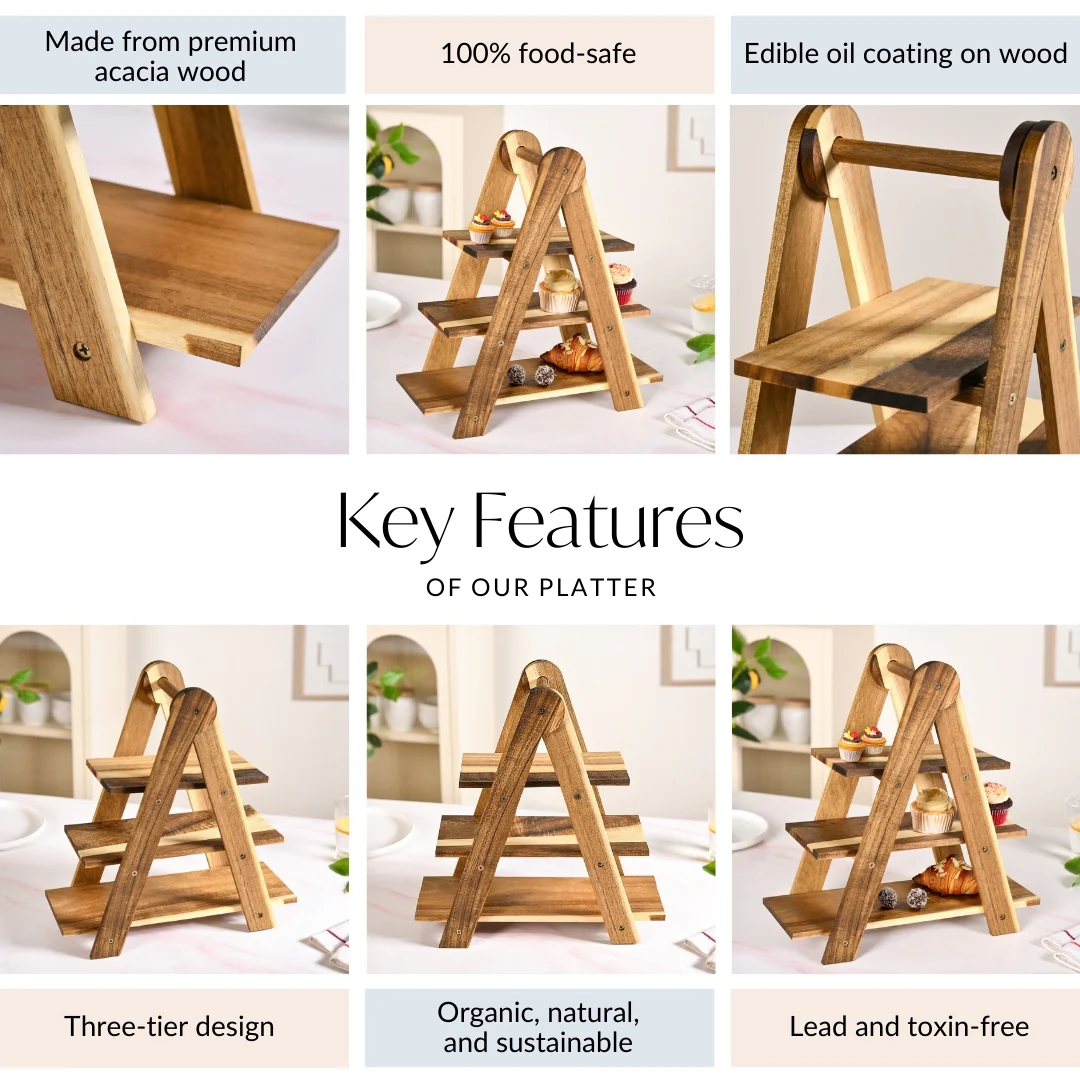 3 Tier Acacia Wood Serving Platter Stand - Image 5