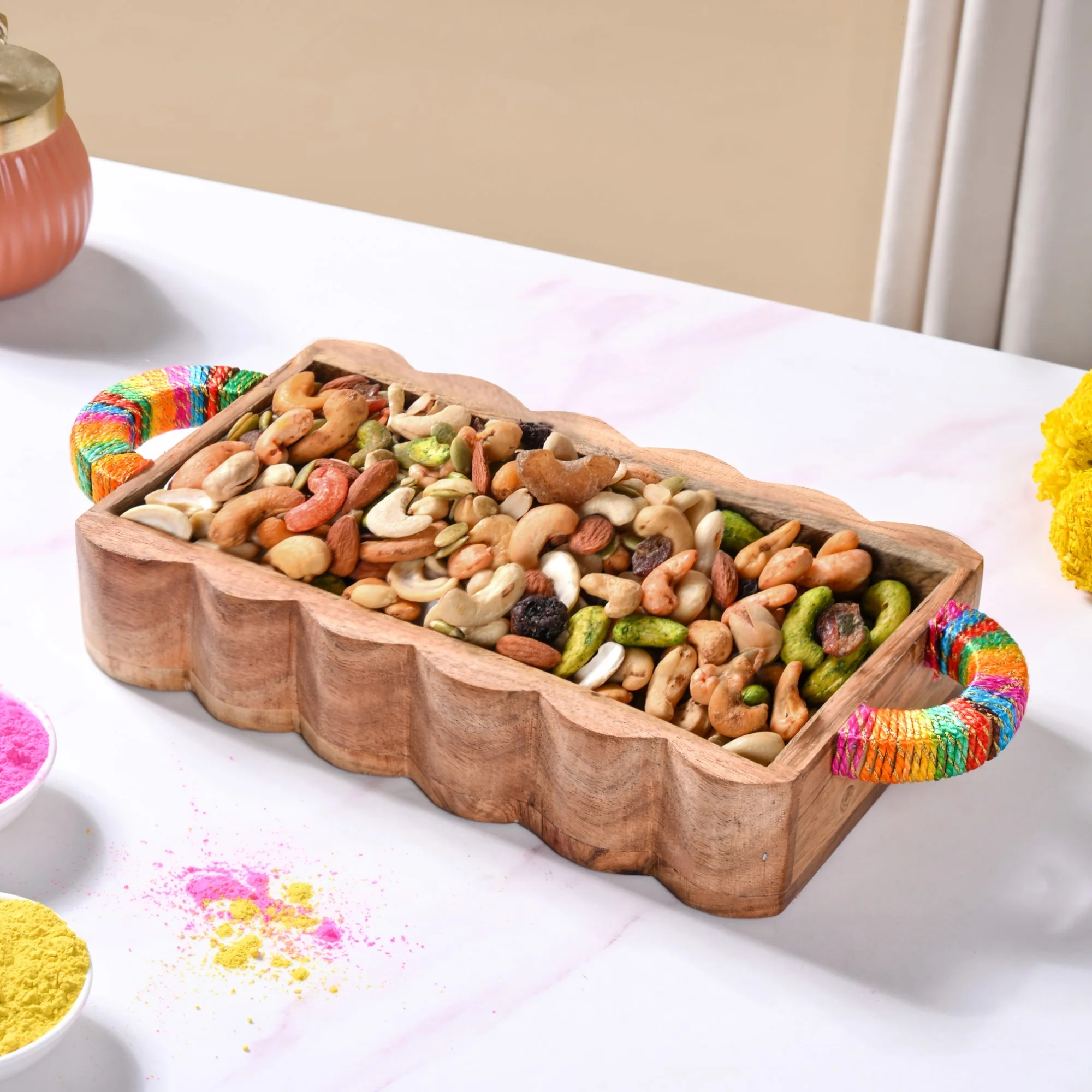 Acacia Wood Serving Tray With Colourful Handles And Gold Zari Work - Image 2