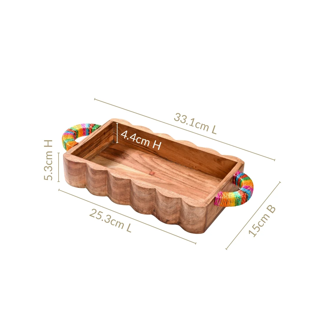 Acacia Wood Serving Tray With Colourful Handles And Gold Zari Work - Image 4