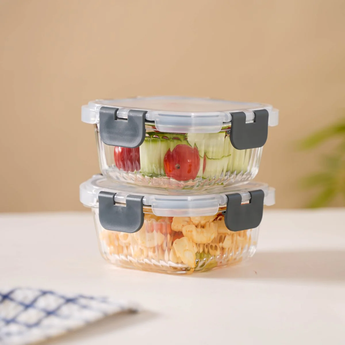 Airtight Glass Food Storage Container Set Of 2 Fluted 300ml - Image 2