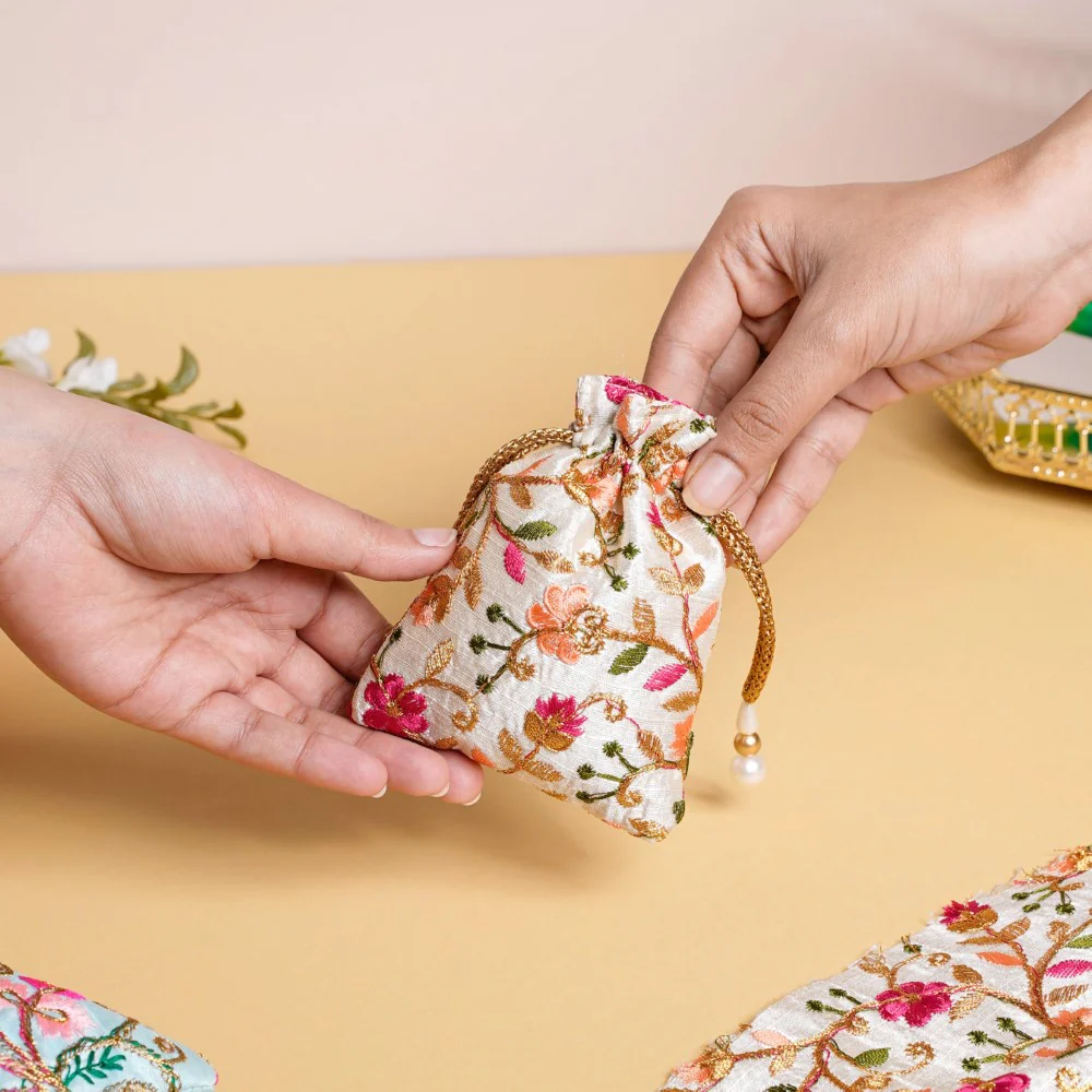 Aiyana Zari Floral Patterned Shagun Potli Bag Set Of 2 - Image 2