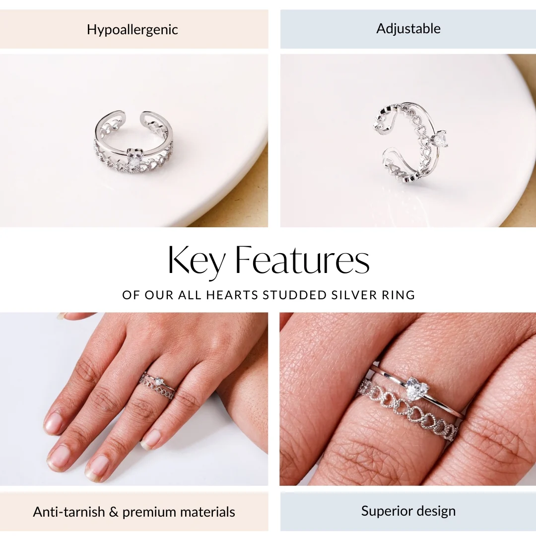 All Hearts Studded Silver Ring - Image 4