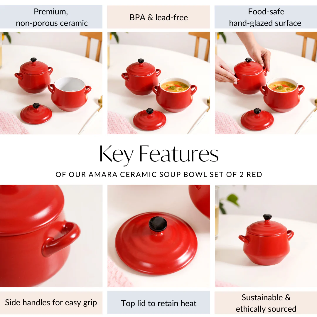 Amara Ceramic Ramen Soup Bowl Set Of 2 Red 450ml - Image 5