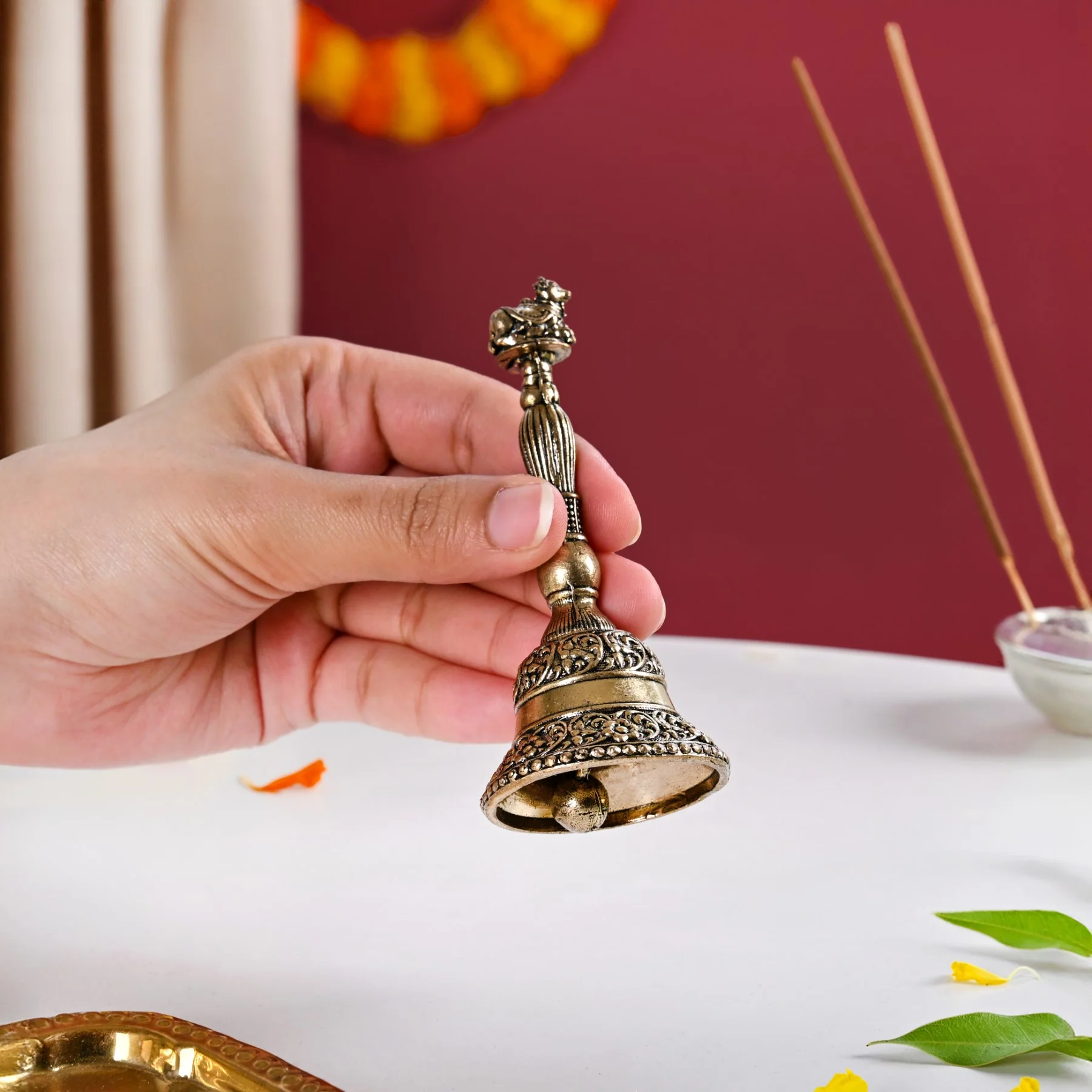 Antique Pure Brass Nandi Pooja Ghanti With Gift Box 10cm - Image 3