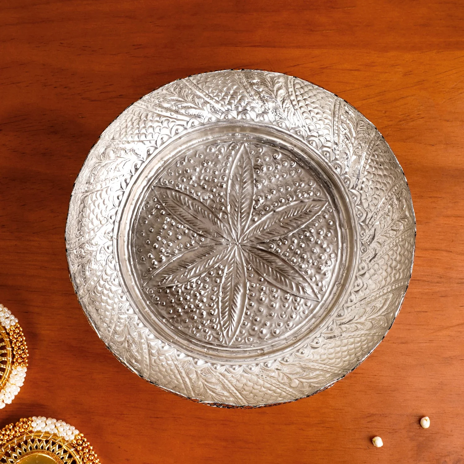 Antique Pure Brass Urli With Silver Polish For Temple 23cm - Image 5