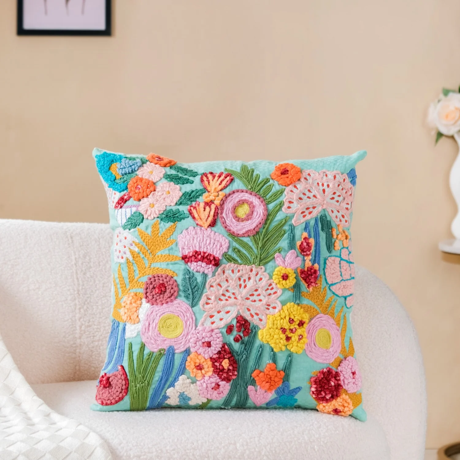 Aqua Embroidered Cushion Cover Multicolour 16x16 Inch - Image 3