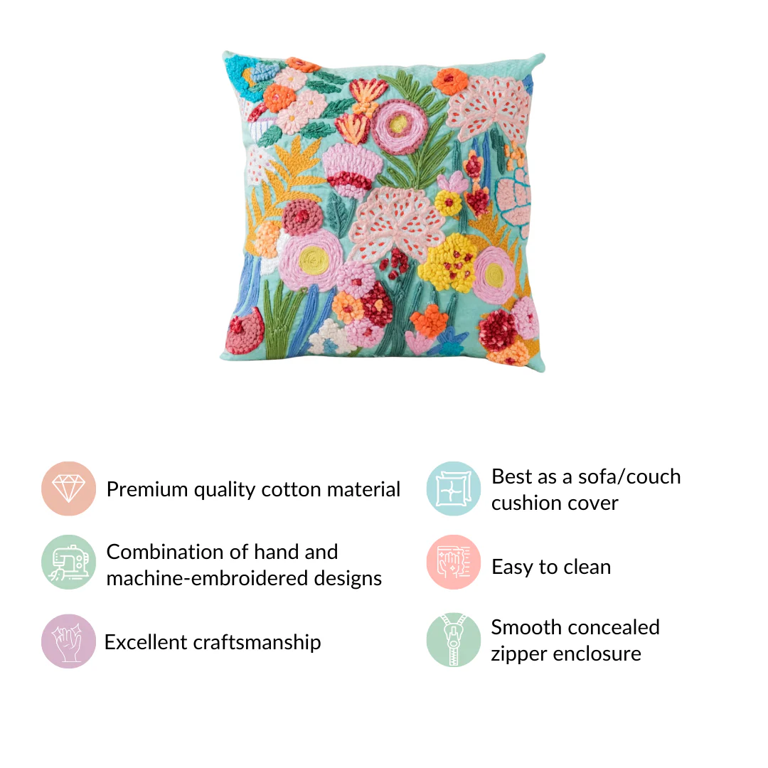 Aqua Embroidered Cushion Cover Multicolour 16x16 Inch - Image 4