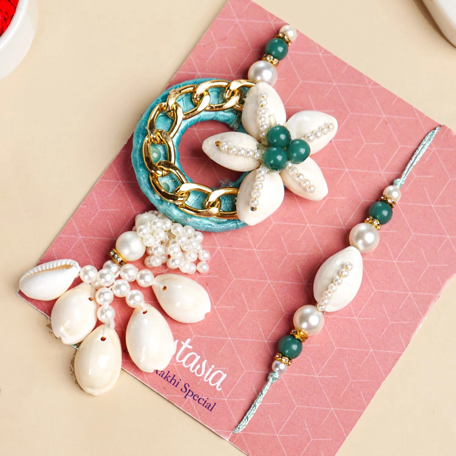 Aqua Shell Lumba Rakhi Set For Bhabhi And Brother - Image 5
