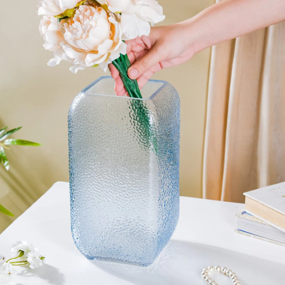 Art Deco Pebble Texture Glass Vase Blue 9.5 Inch - Image 4