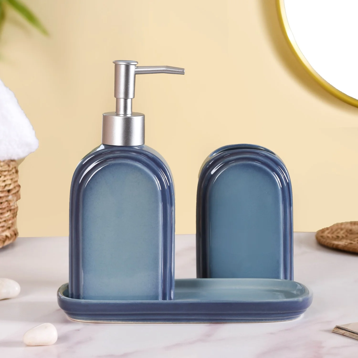 Art Deco Stoneware Bathroom Set of 3 Ocean Blue - Image 6