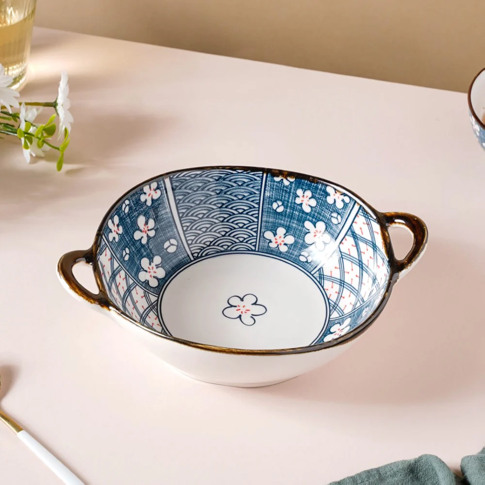 Asagao Patterned Serving Bowl With Handles 9 Inch 500 ml - Image 4