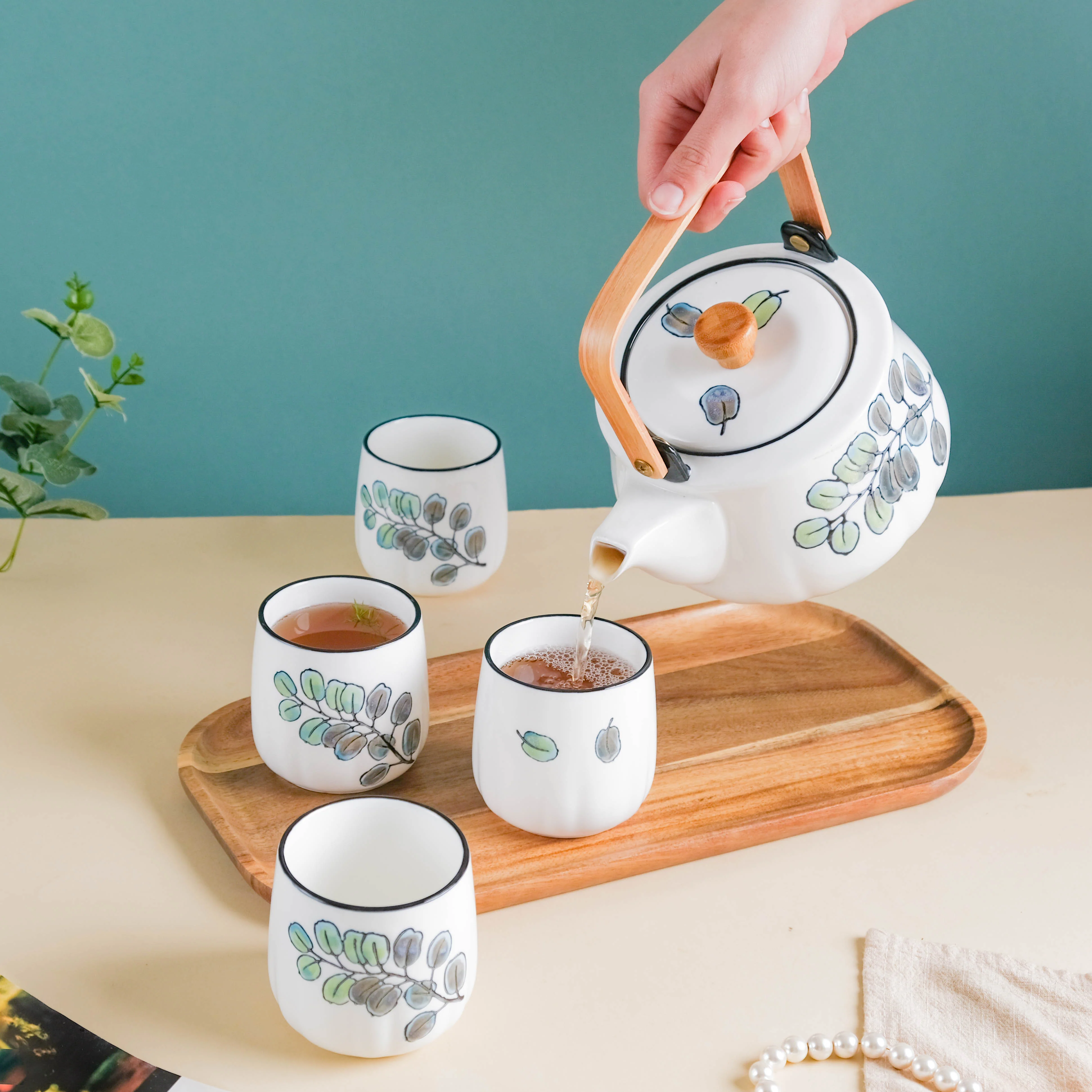 Aspen Leaves Tea Set With Wooden Tray - Image 2
