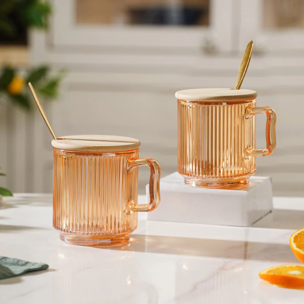 Aurora Ribbed Amber Glass Mug With Lid And Spoon Set Of 2 350 ml - Image 4