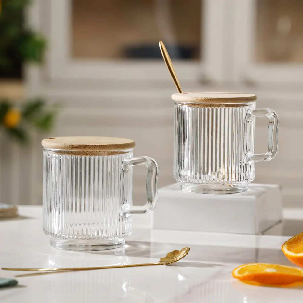 Aurora Transparent Glass Mug With Lid And Spoon Set Of 2 350 ml - Image 11