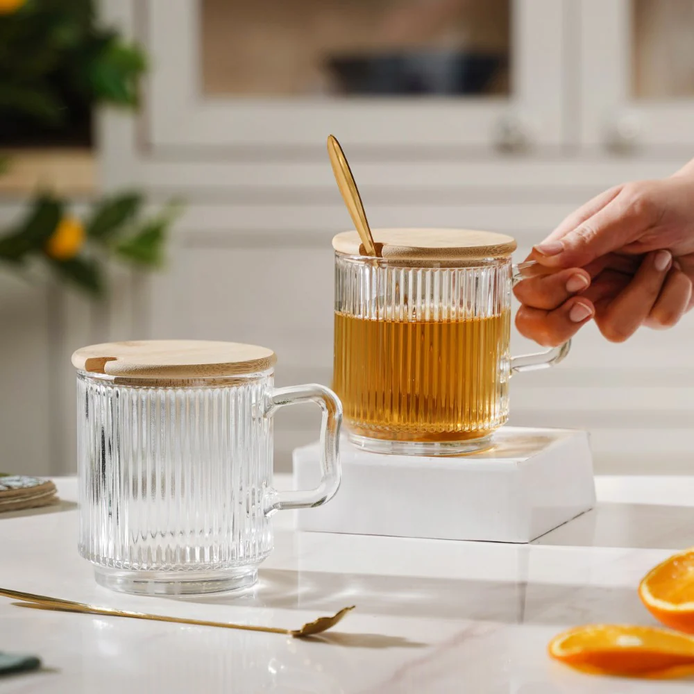 Aurora Transparent Glass Mug With Lid And Spoon Set Of 2 350 ml - Image 2