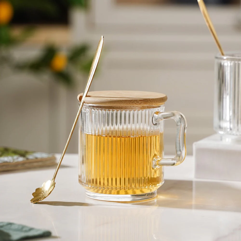 Aurora Transparent Glass Mug With Lid And Spoon Set Of 2 350 ml - Image 3