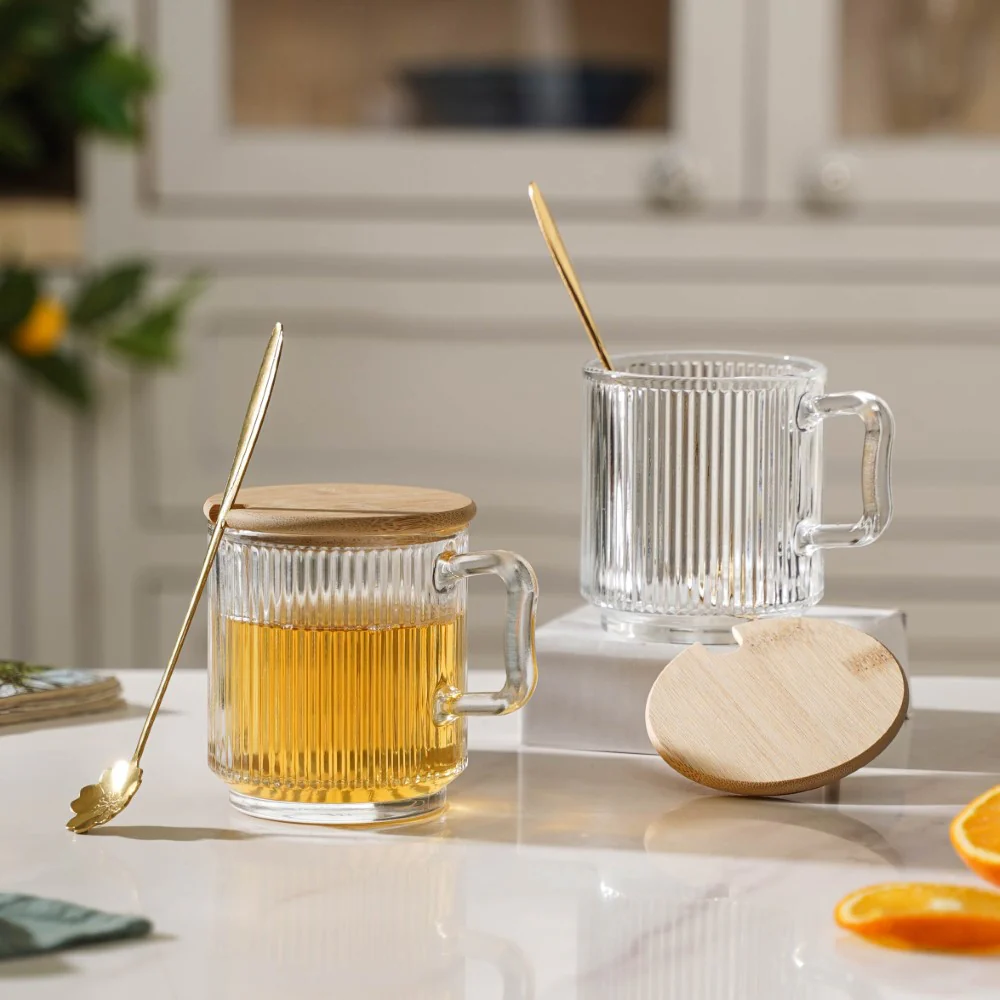 Aurora Transparent Glass Mug With Lid And Spoon Set Of 2 350 ml - Image 9