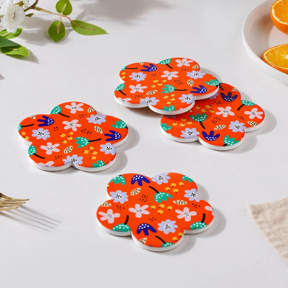 Autumn Orange Flower Glossy Ceramic Coaster Set Of 4 - Image 7