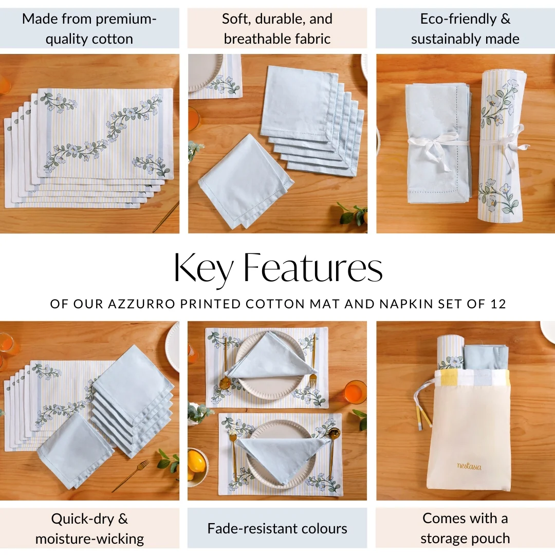 Azzurro Printed Cotton Mat And Napkin Set Of 12 - Image 5