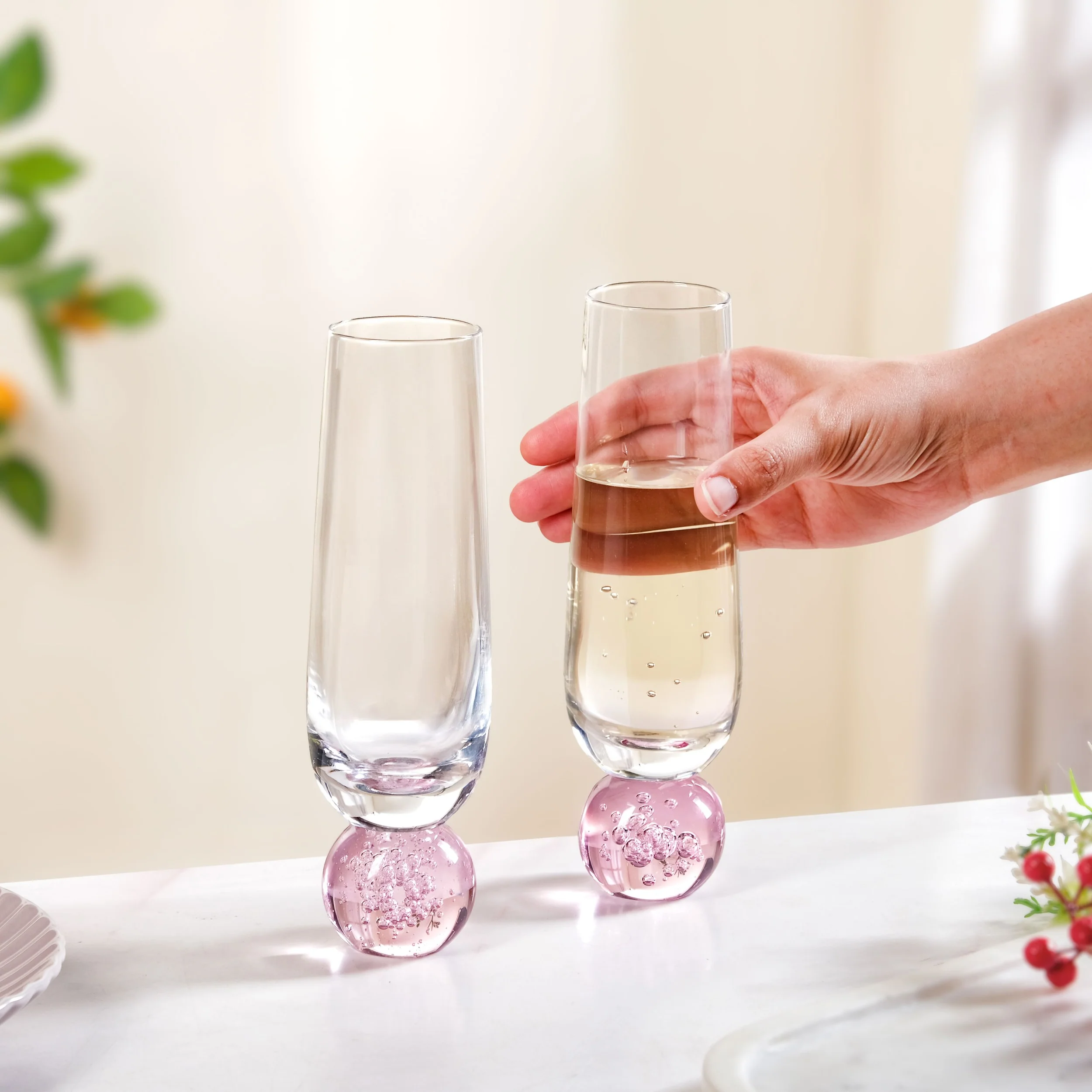 Ball Base Champagne Glass Set Of 2 280ml Pink - Image 3