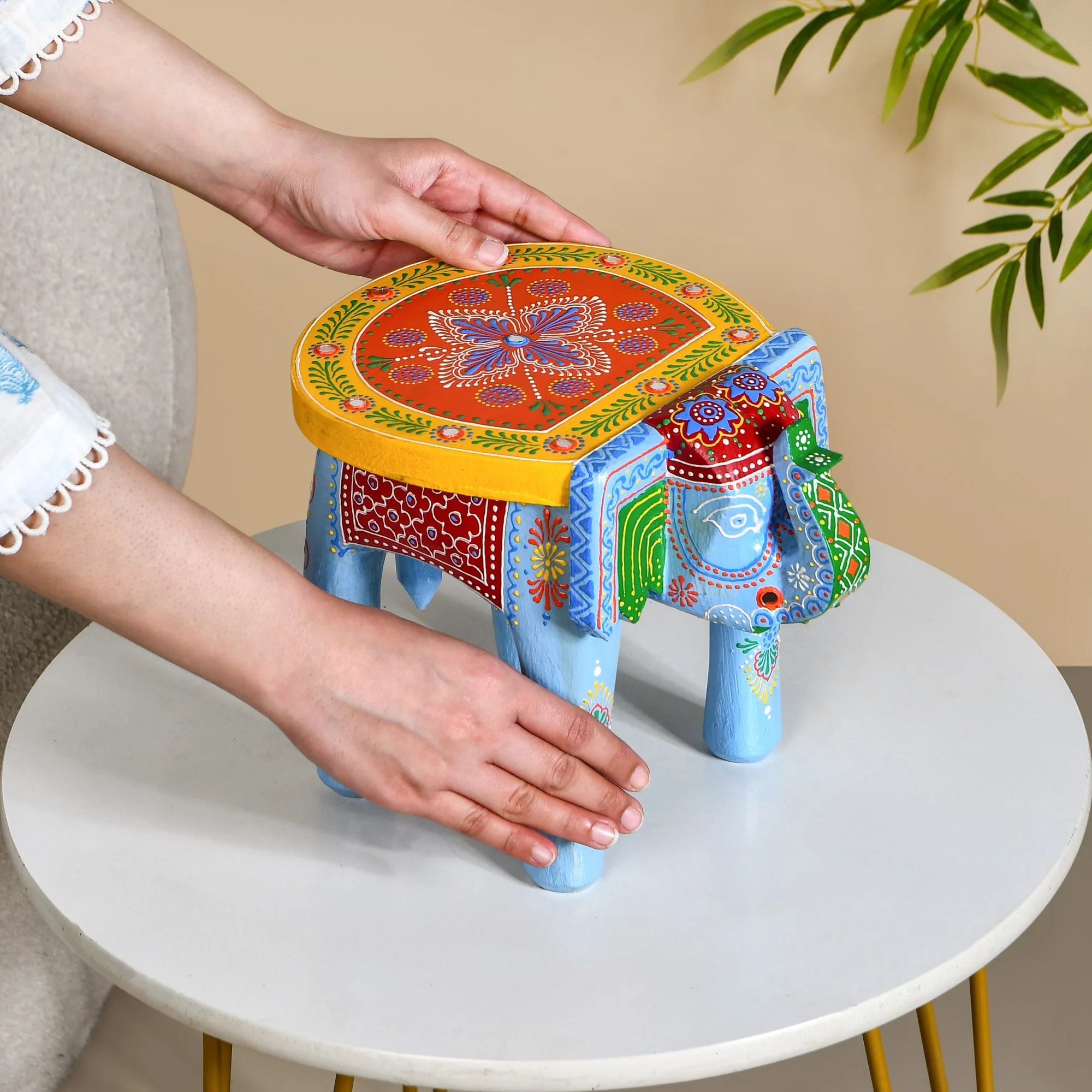 Banjara Mirror Work Wooden Elephant Decor Riser - Image 2