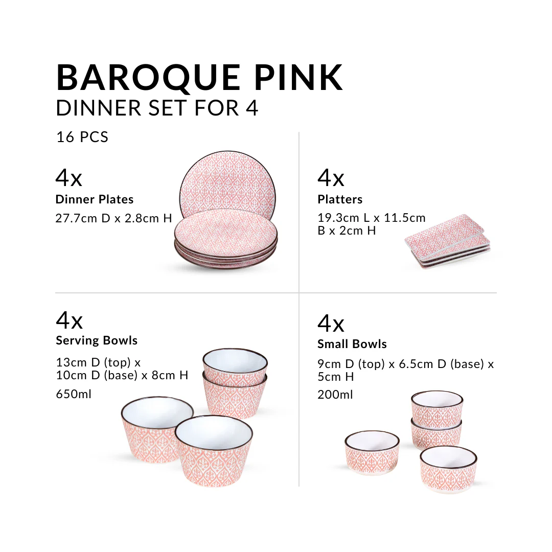 Baroque Pink 16 Piece Ceramic Dinner Set For 4 - Image 3
