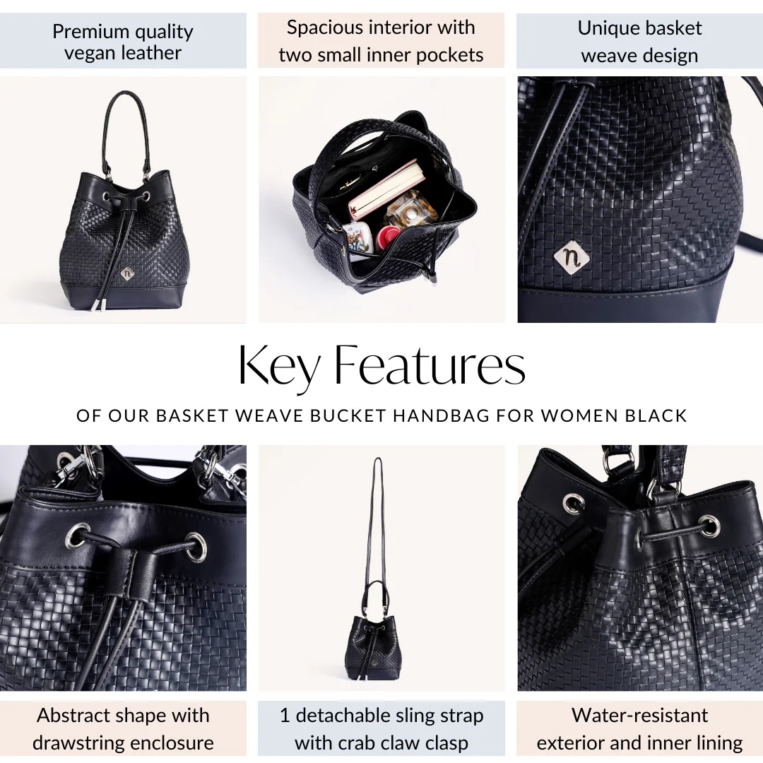 Basket Weave Bucket Handbag For Women Black - Image 5