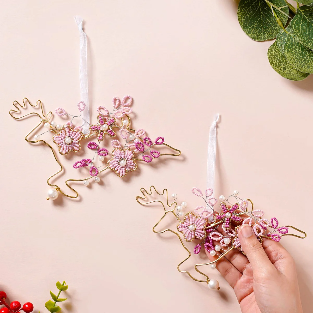 Beads Pink Reindeer Ornaments Set of 2 - Image 3