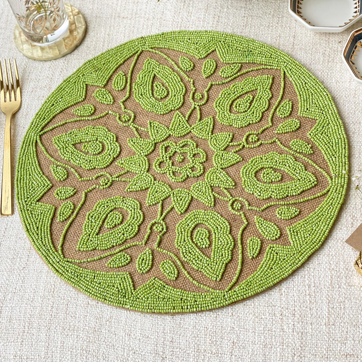 BEADS Mandala Jute Table Mat - Green - Image 3