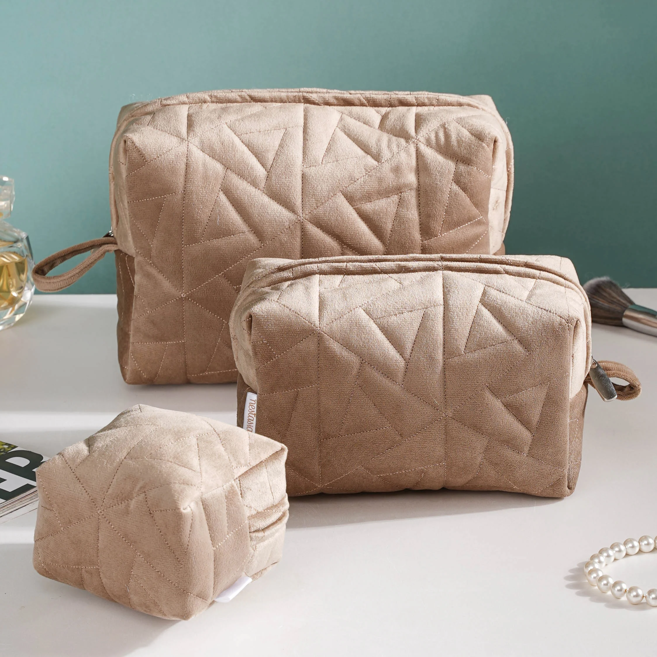 Beige Blossom Vanity Pouch Set Of 3 - Image 3