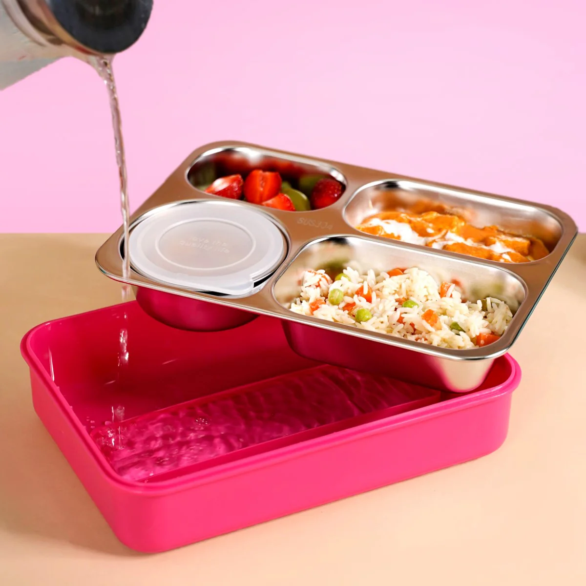 Bento Pink 4 Grid Stainless Steel Lunch Box For Office 950ml - Image 8
