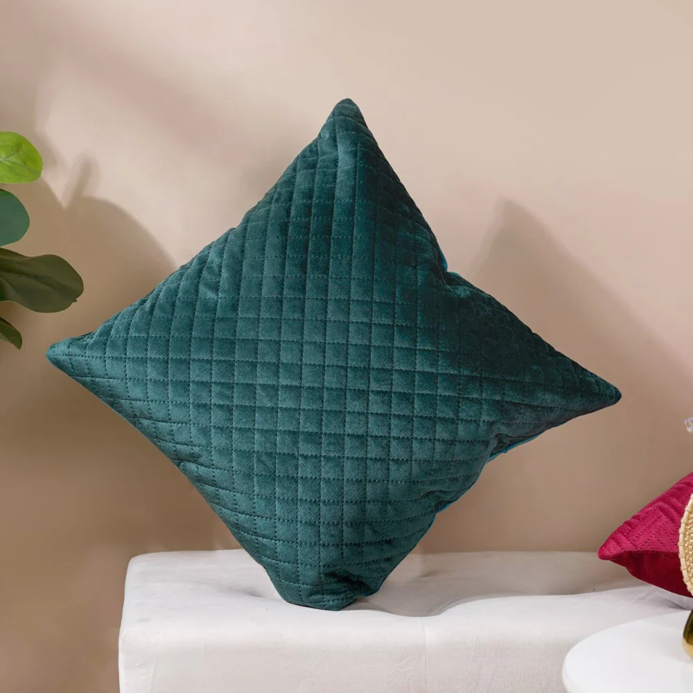 Beryl Green Quilted Velvet Cushion Cover 16 x 16 Inch - Image 2