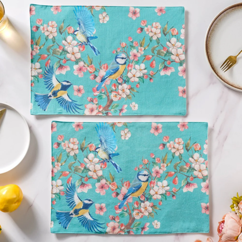 Birds Blossoms Cotton Printed Table Mat Blue Set Of 2 - Image 2