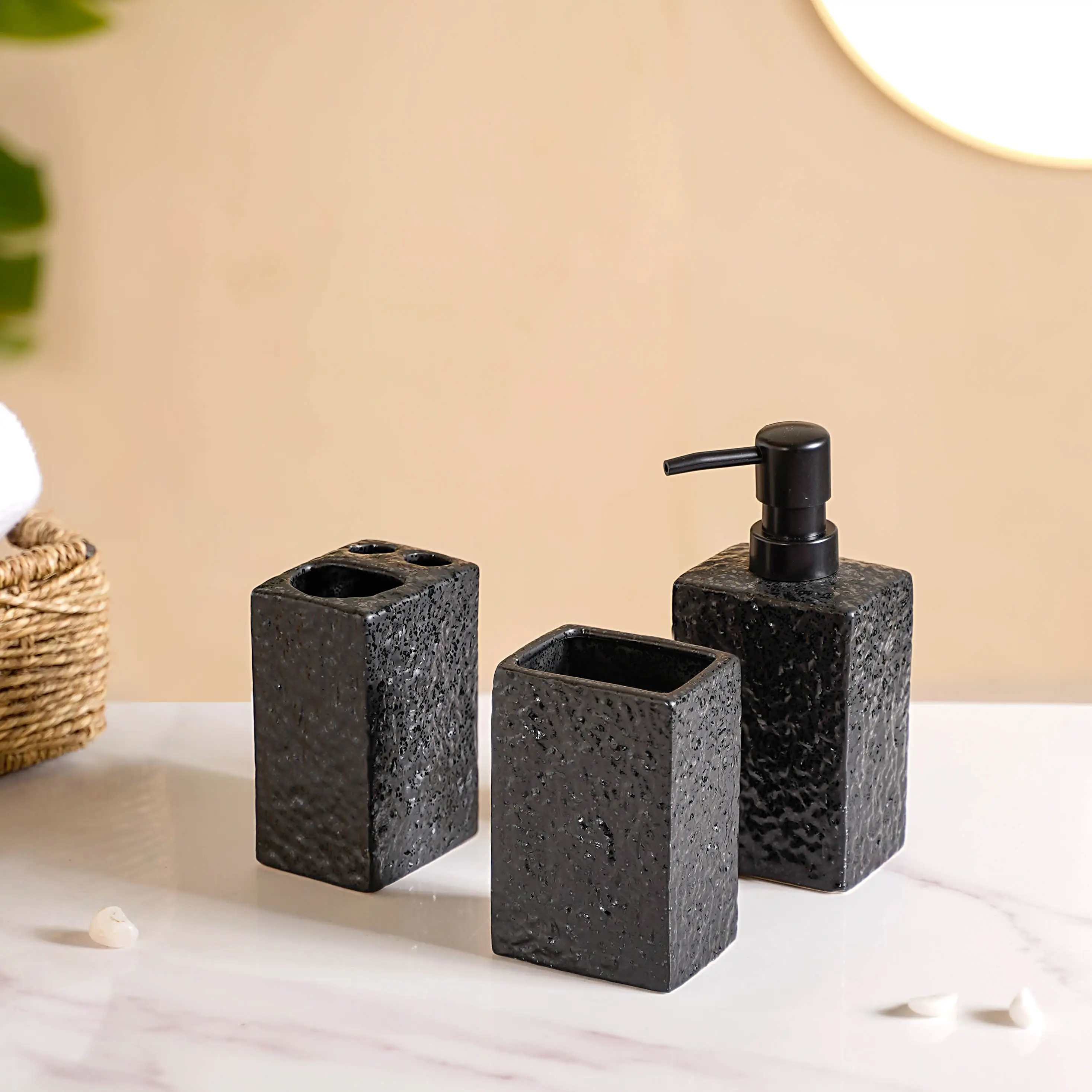 Black Ceramic Bath Set Of 3 Stone Textured - Image 3