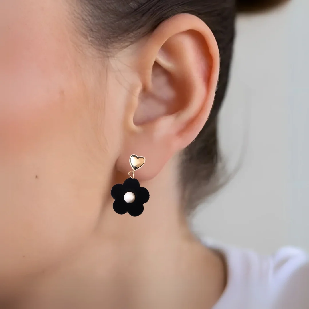 Black Flower Pearl Danglers - Image 5