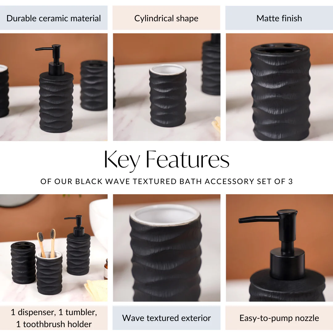 Black Matte Wave Bath Accessory Set Of 3 - Image 5