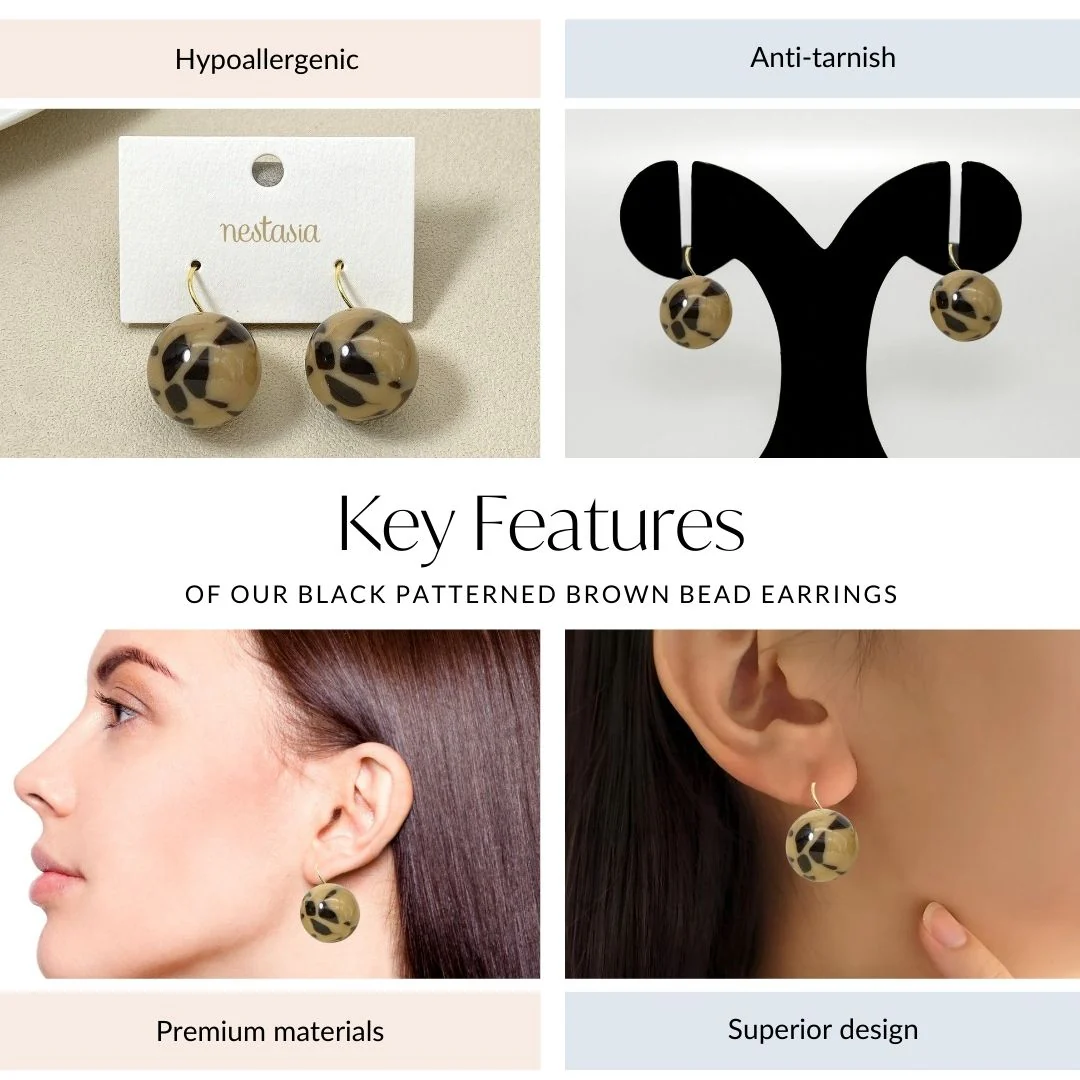 Black Patterned Brown Bead Earrings - Image 4