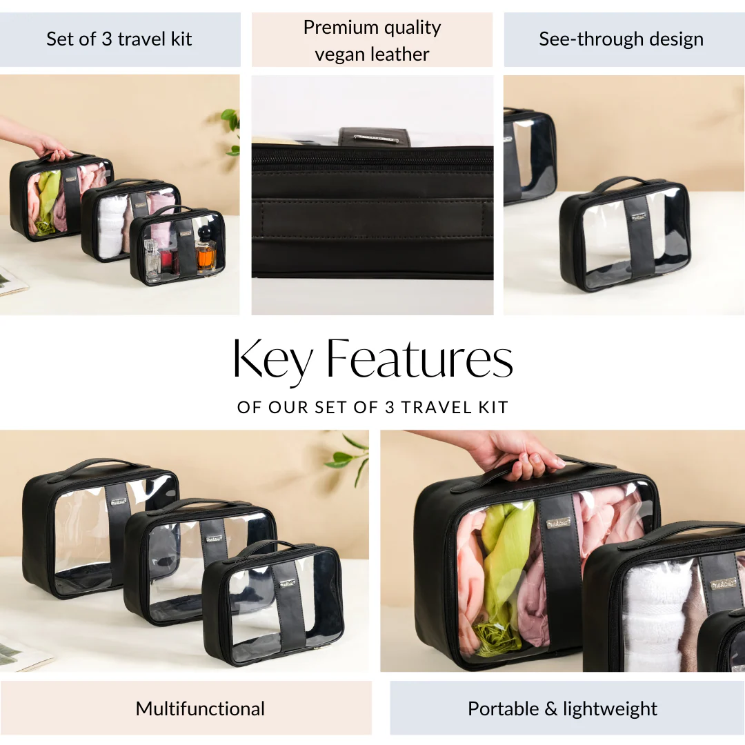 Black Vegan Leather Transparent Travel Kit Set Of 3 - Image 5