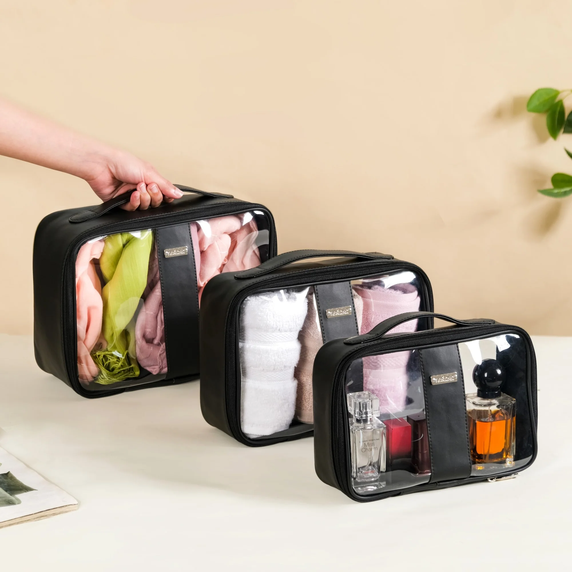 Black Vegan Leather Transparent Travel Kit Set Of 3 - Image 9