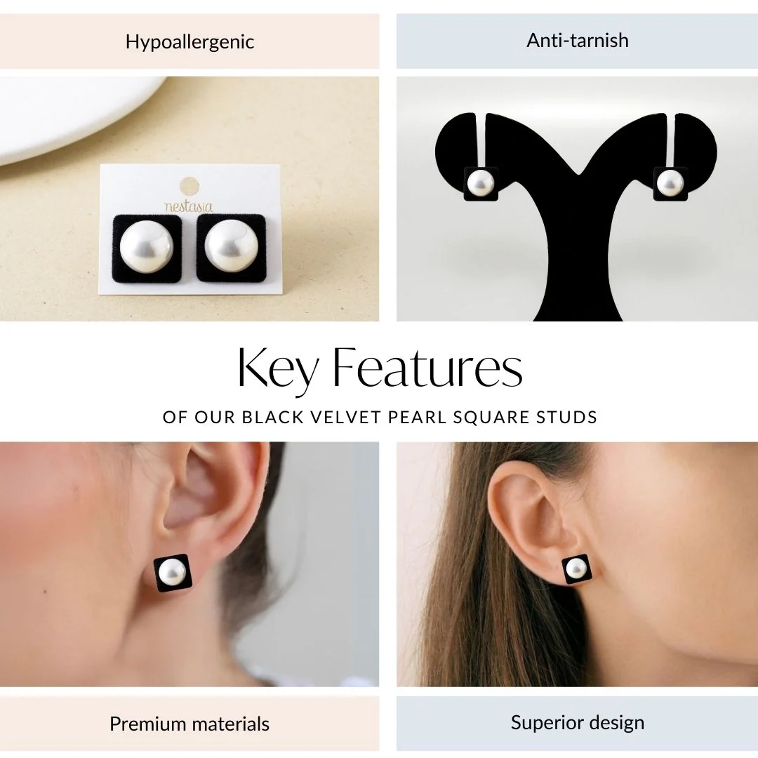 Black Velvet Pearl Square Studs - Image 4