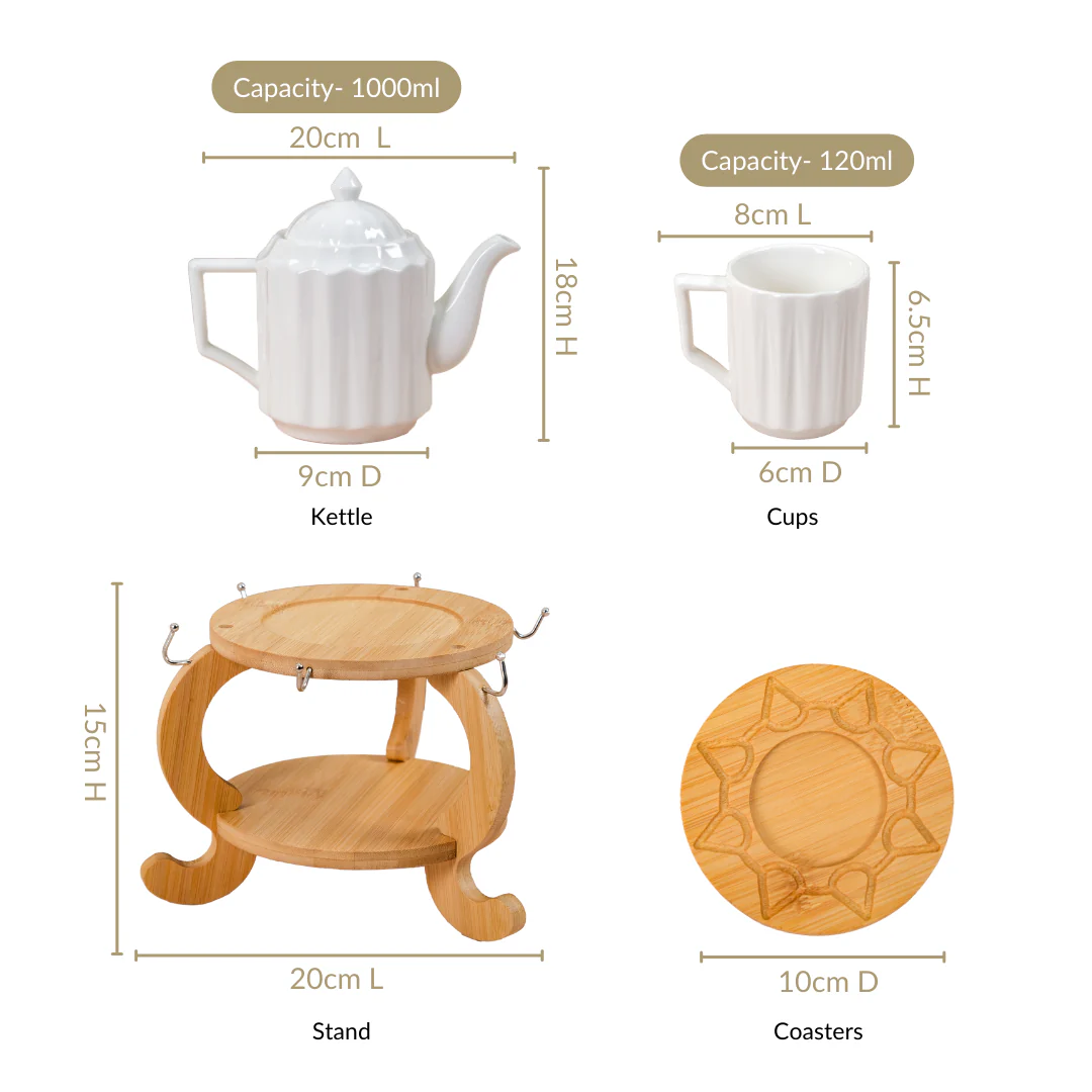 Blanca Fluted Ceramic Tea Set With 6 Cups Kettle And Wooden Stand - Image 3