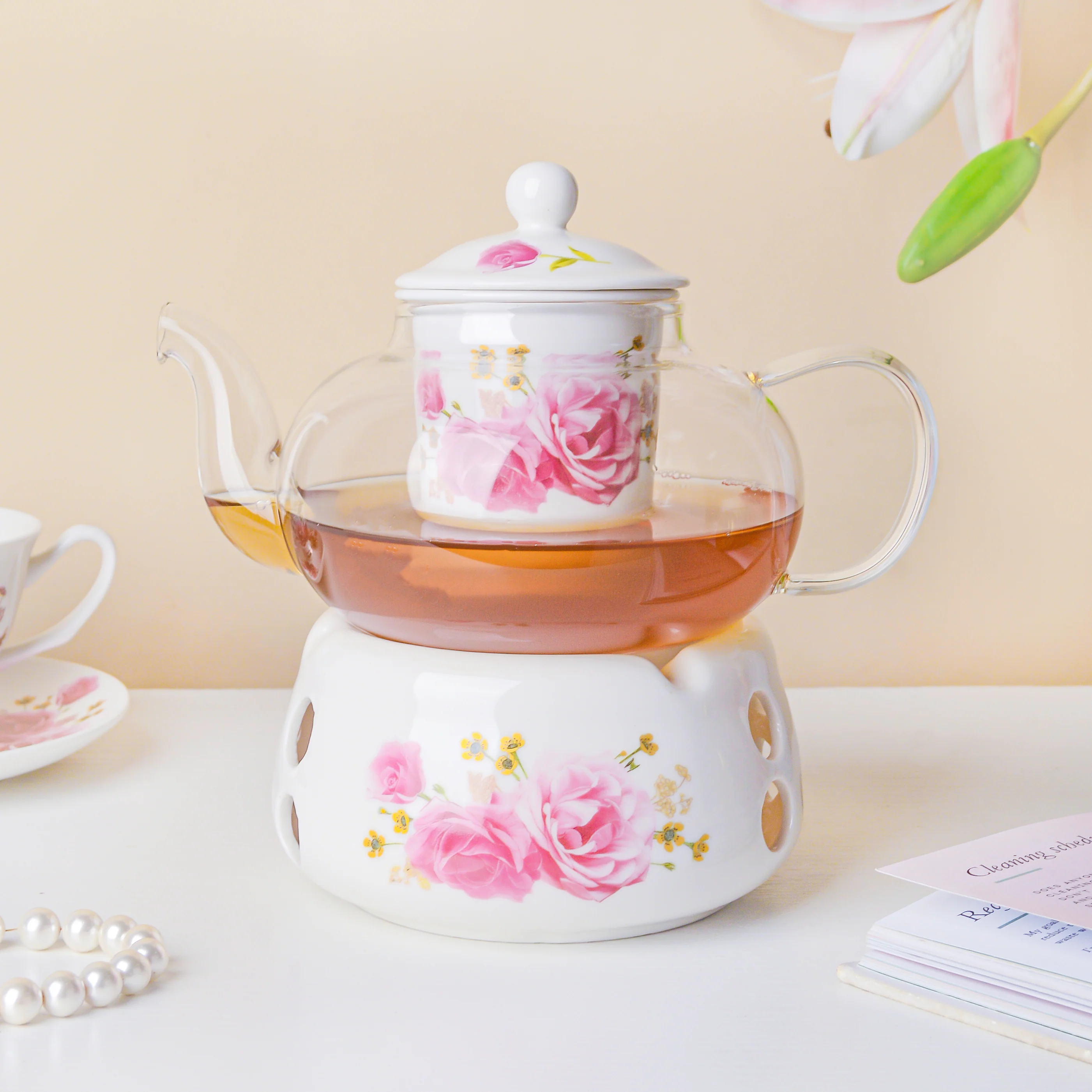 Cherry Rose Glass Teapot With Warmer Base 700 ml