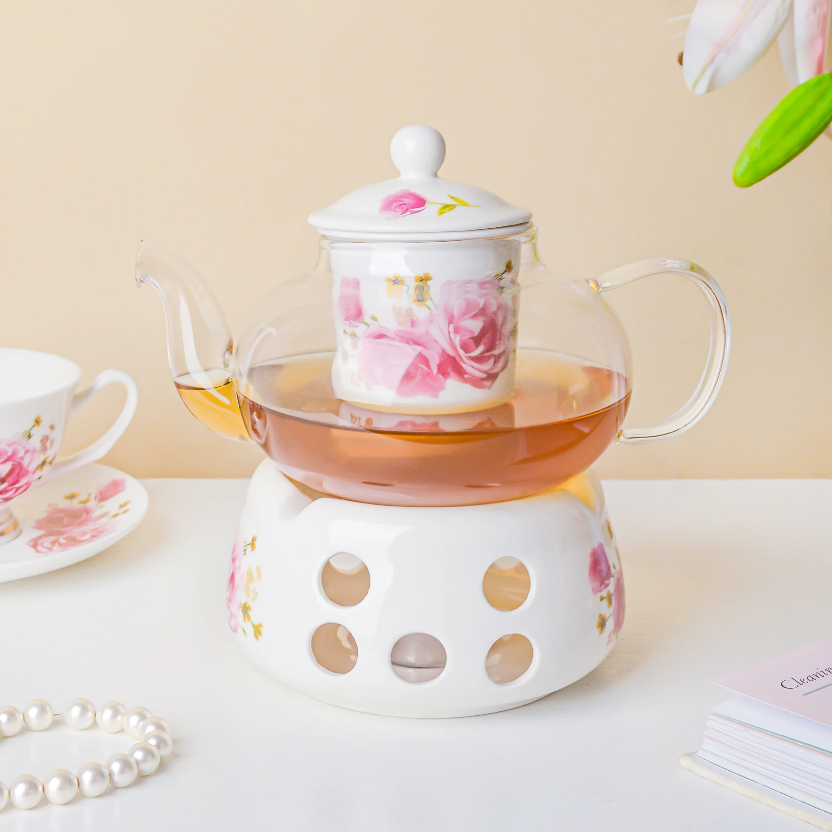 Cherry Rose Glass Teapot With Warmer Base 700 ml - Image 4