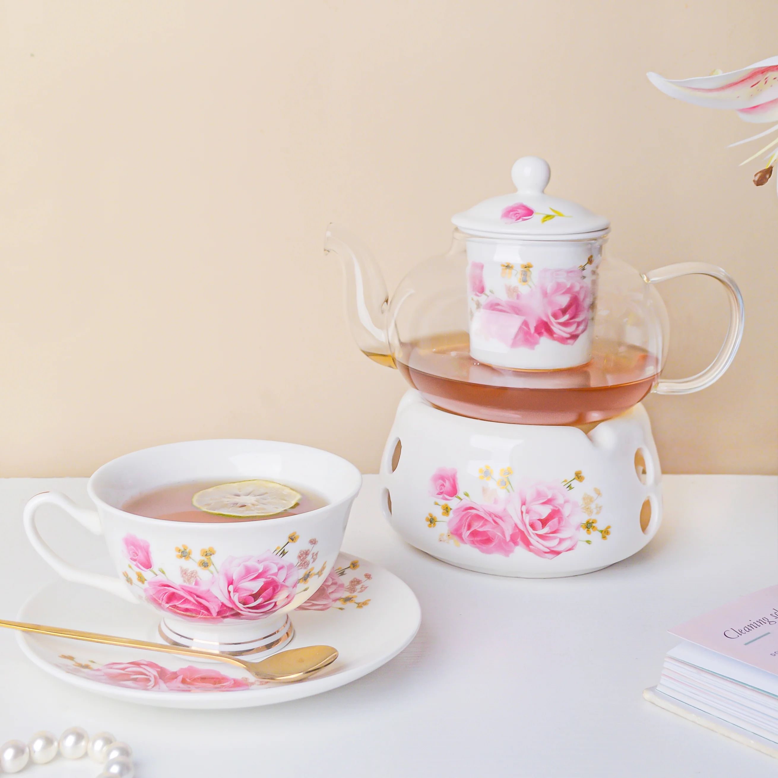 Cherry Rose Glass Teapot With Warmer Base 700 ml - Image 9