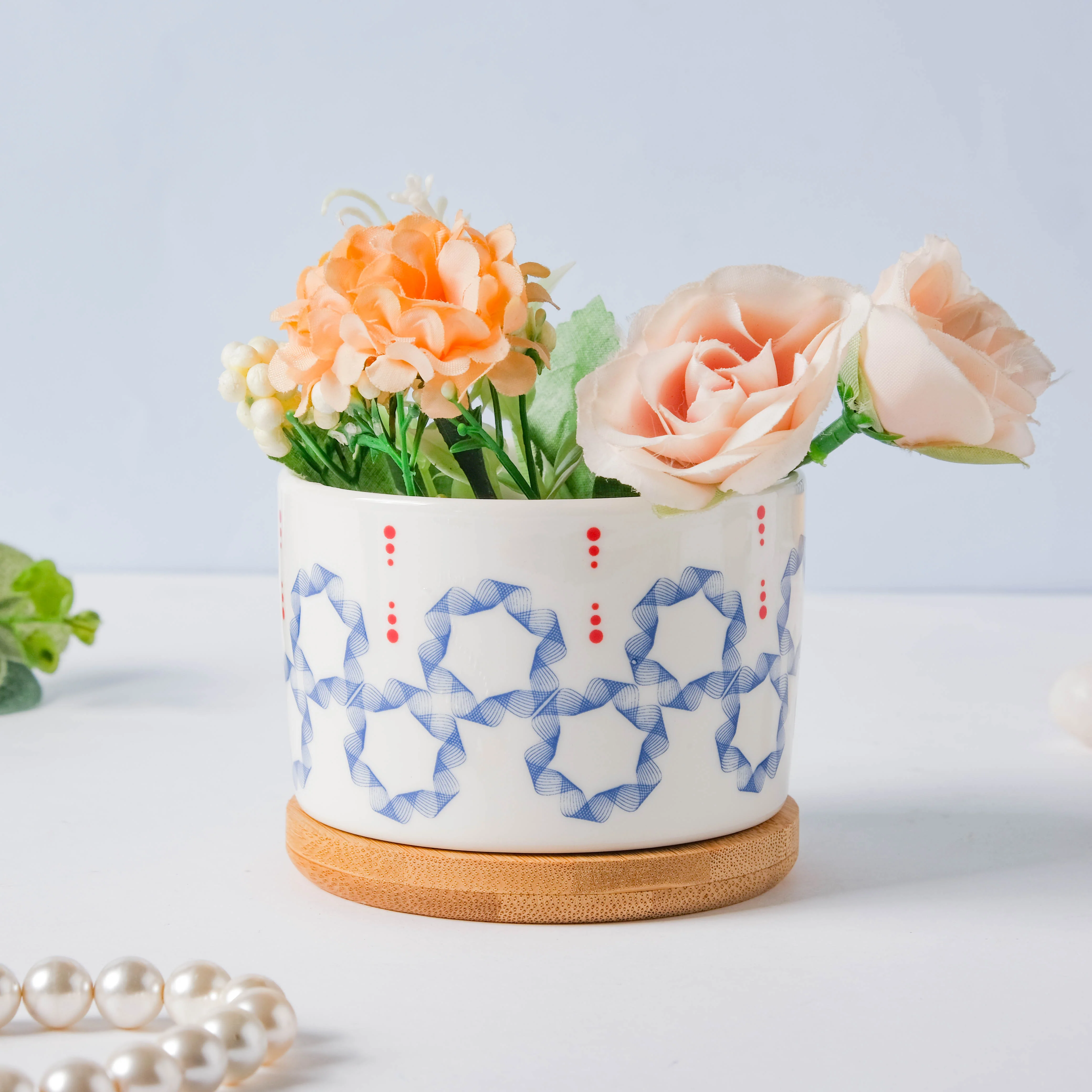 Blue Floral Japanese Planter And Wooden Coaster - Image 2