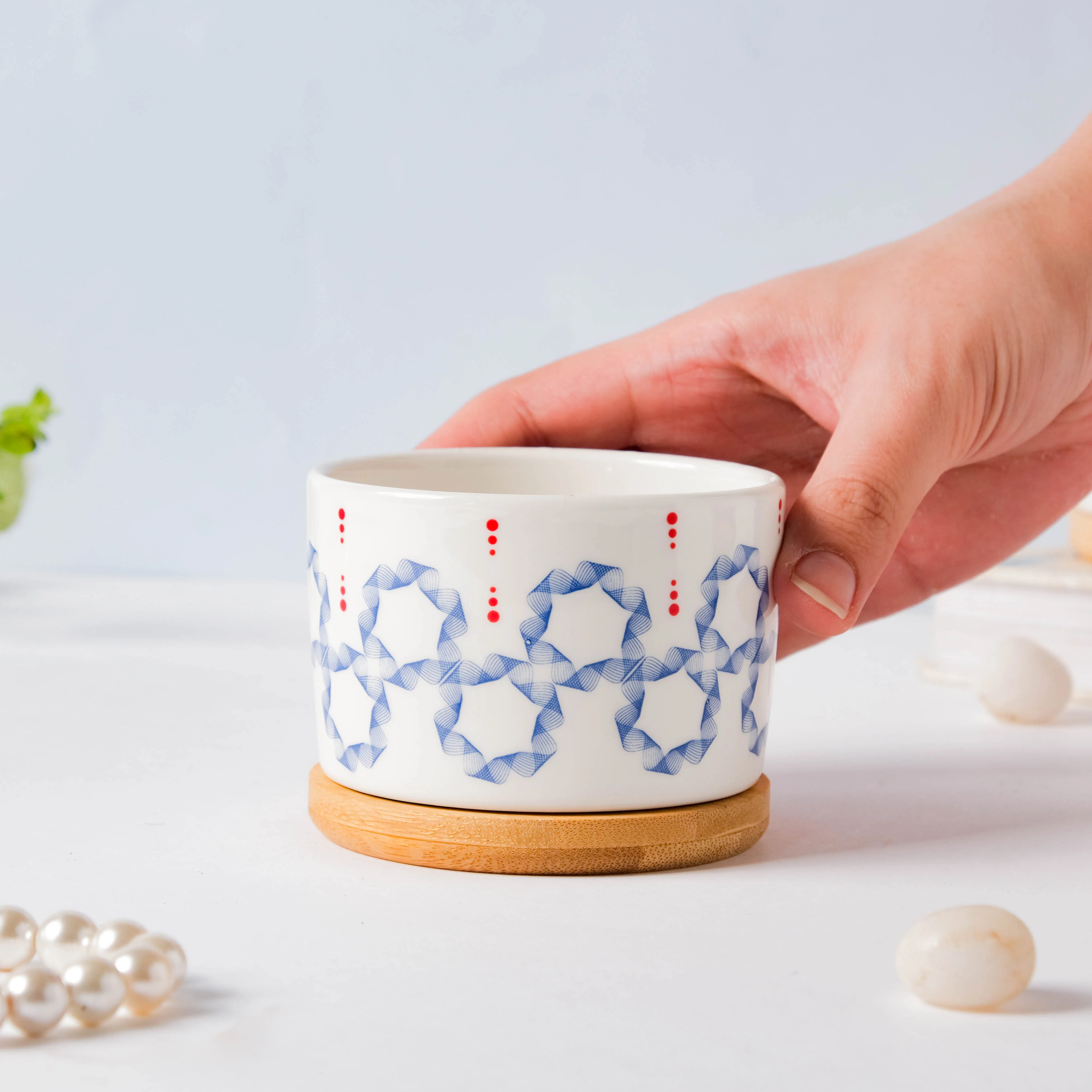 Blue Floral Japanese Planter And Wooden Coaster - Image 3