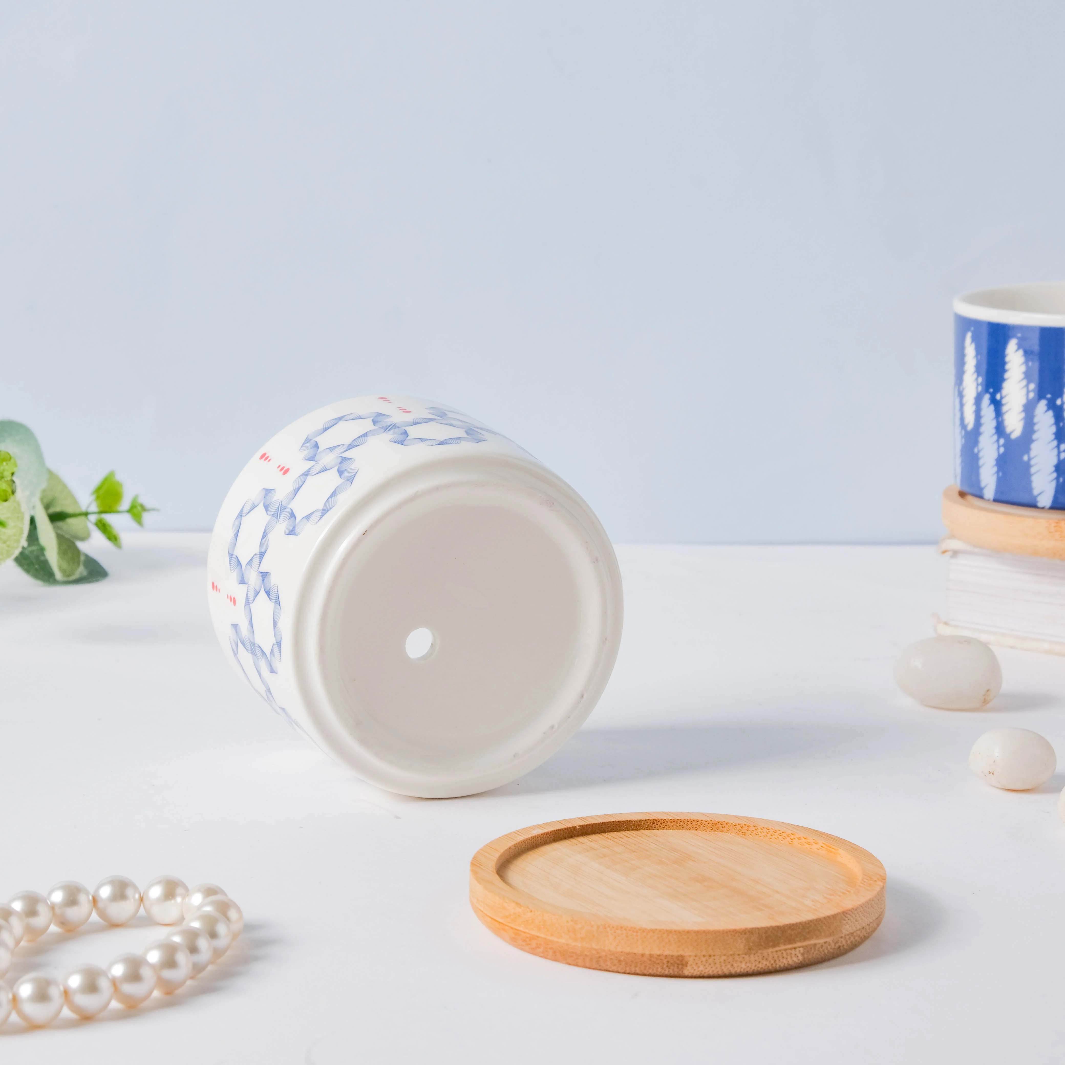 Blue Floral Japanese Planter And Wooden Coaster - Image 8
