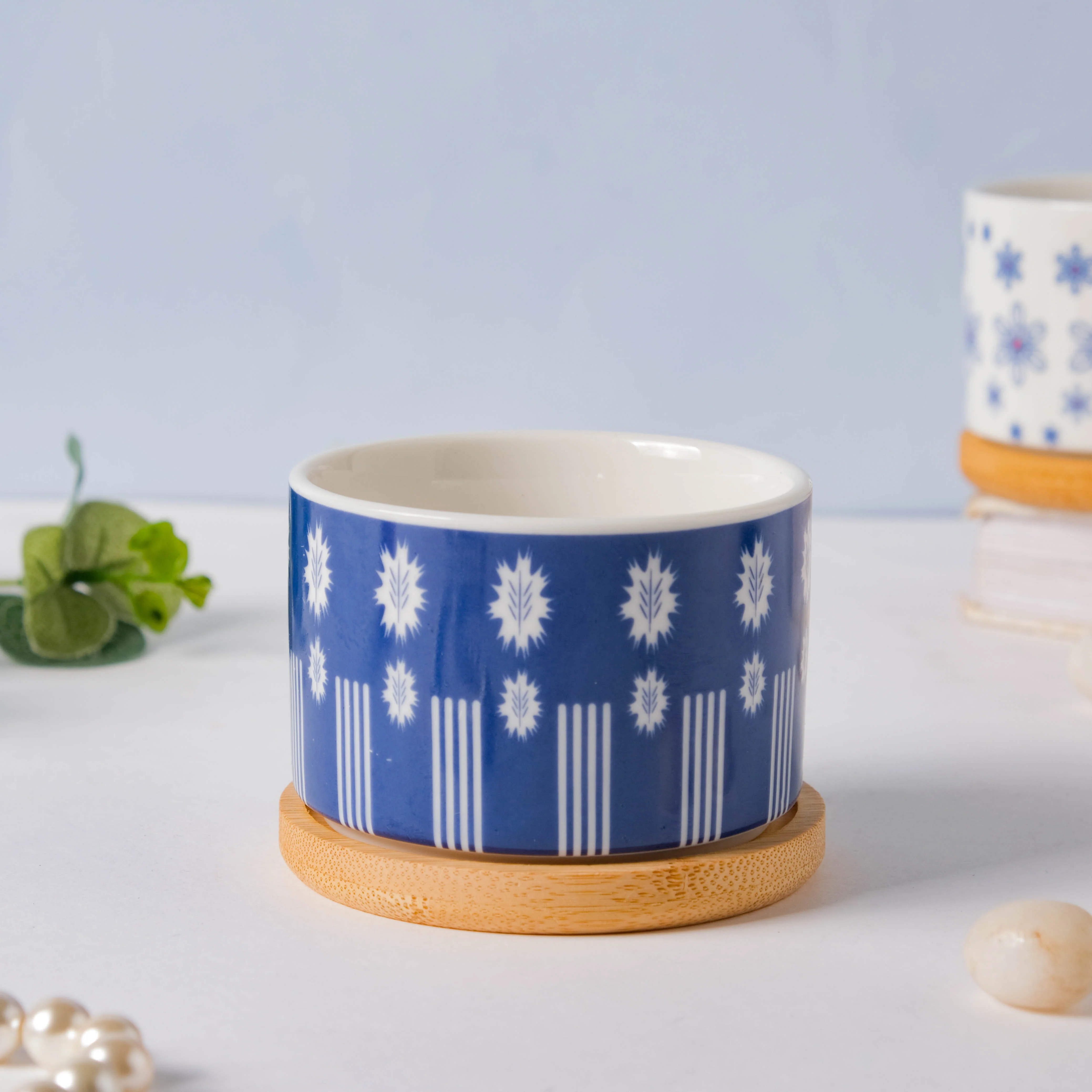 Blue Leaf Japanese Planter And Wooden Coaster - Image 6