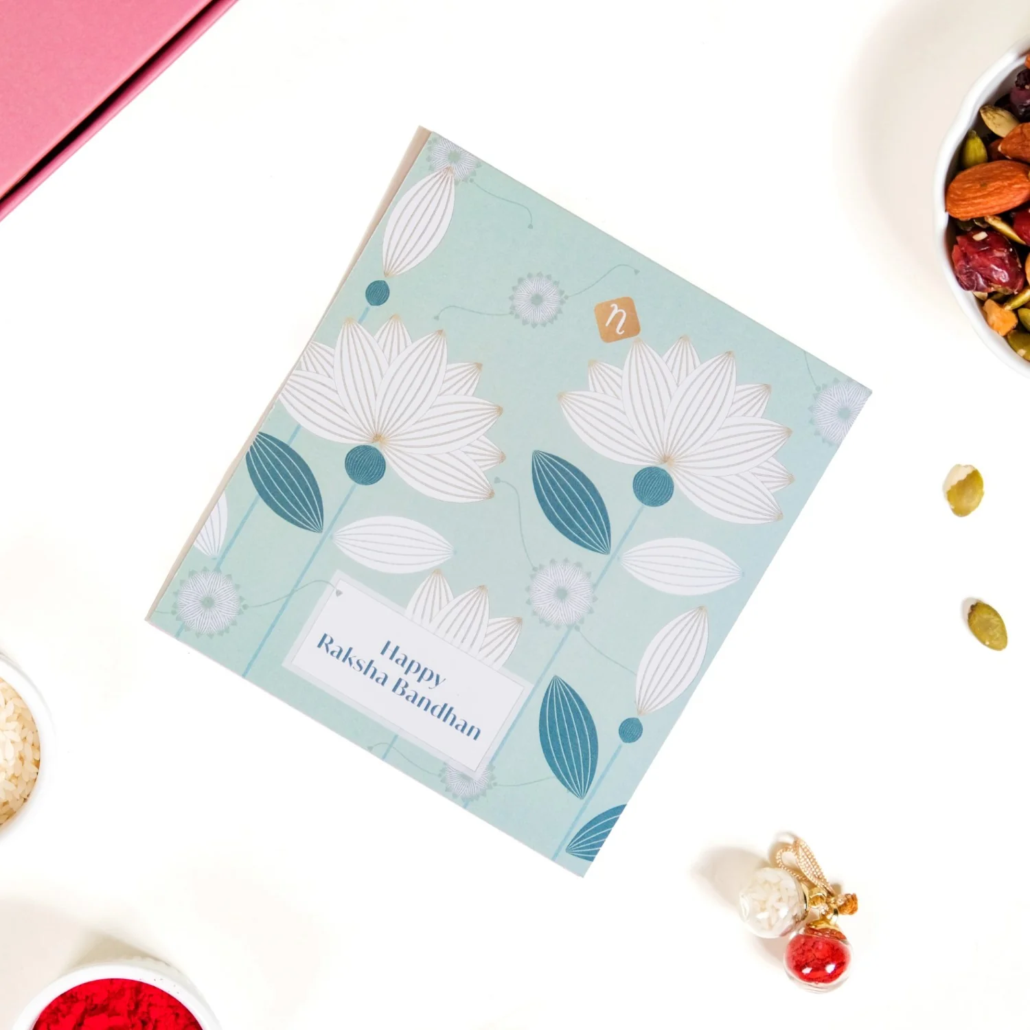 Blue Leaf Motif Designer Rakhi Lumba Set Of 4 With Box And Card - Image 10