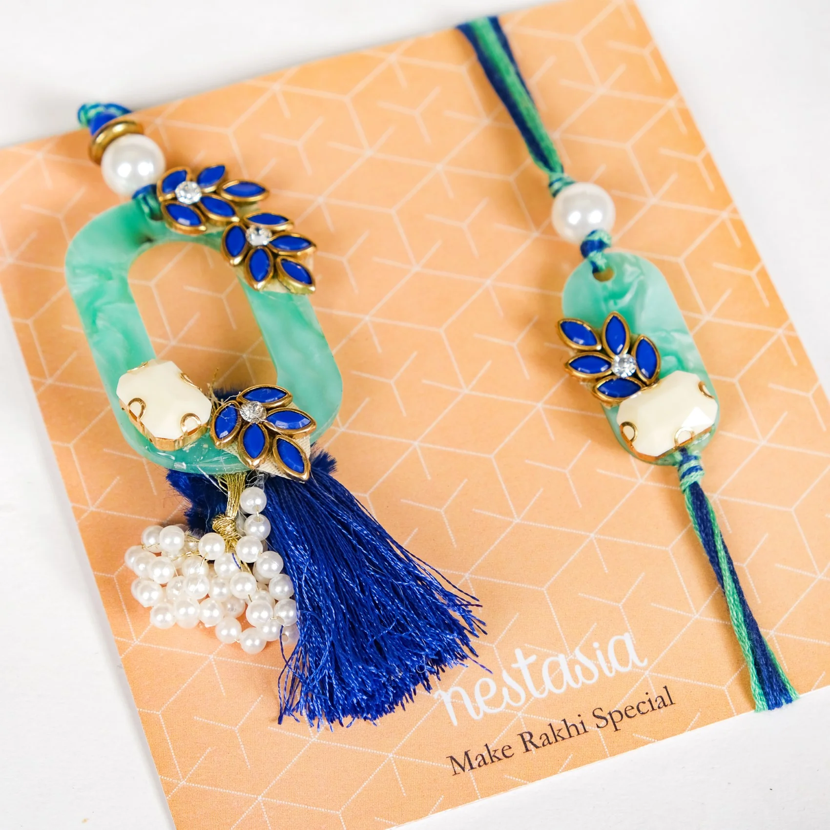 Blue Leaf Motif Designer Rakhi Lumba Set Of 4 With Box And Card - Image 4